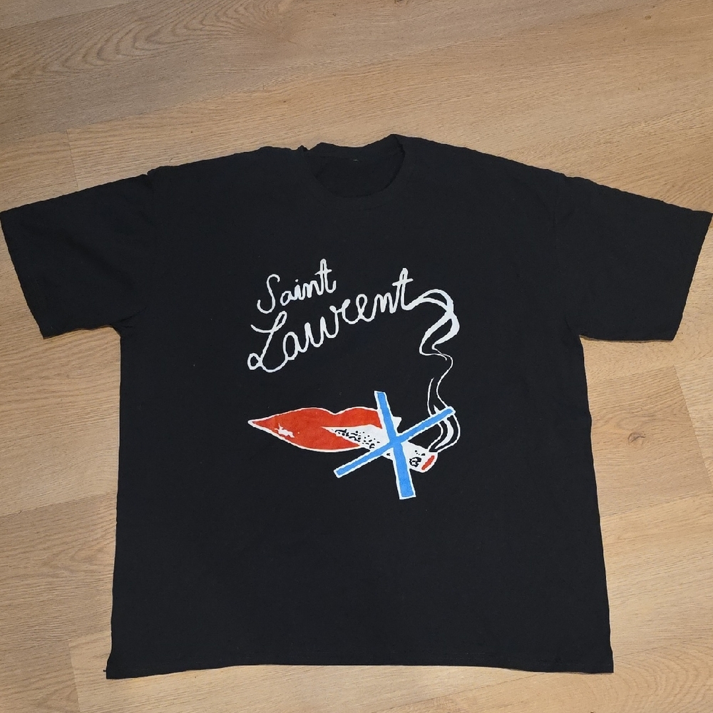 Saint Laurent Black Tee with Red Lip Graphic